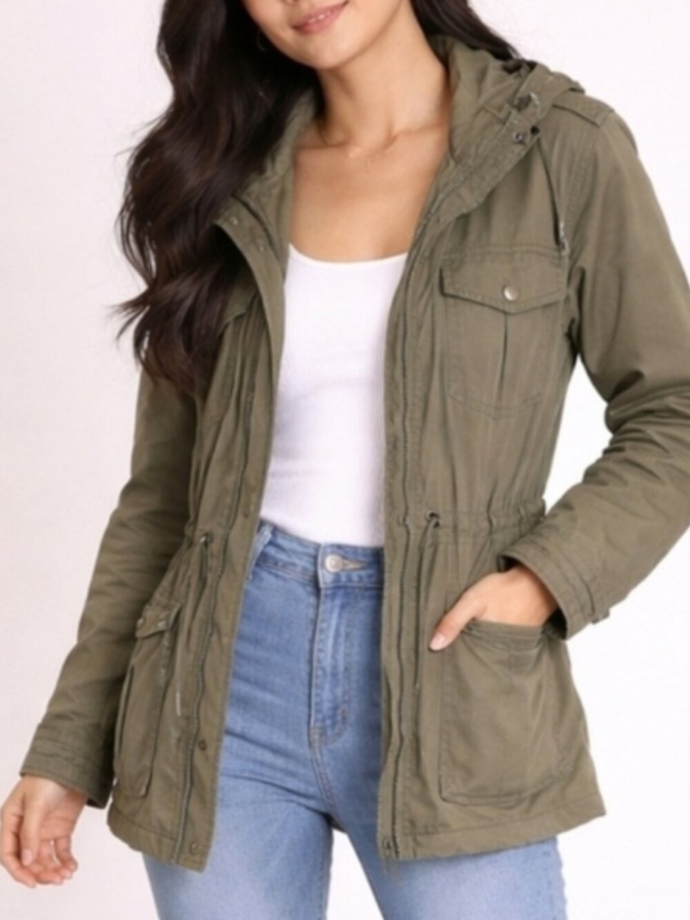 Aritzia Talula 100% Cotton Olive Green Drawstring Utility Jacket with Hood